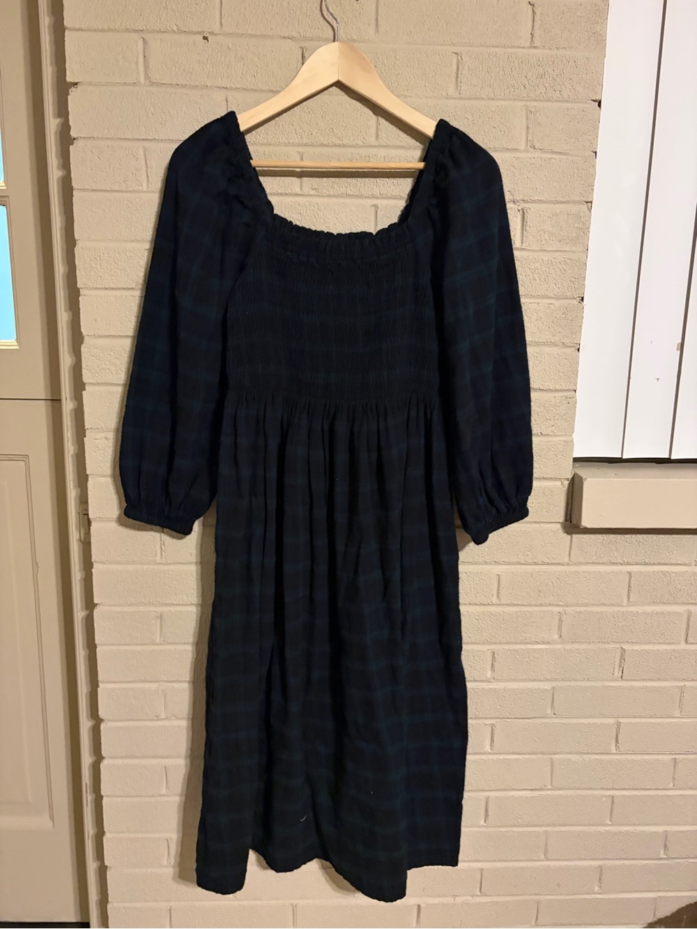 J.Crew Smocked Puff-Sleeve Cottagecore Dress in Black Watch Tartan Flannel